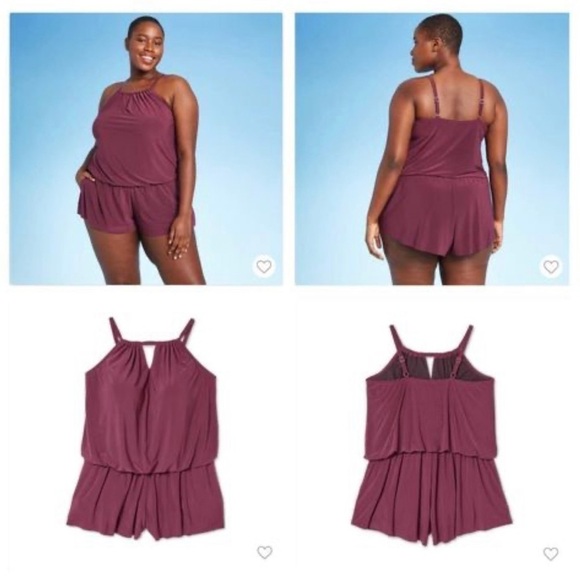 WOMEN'S High Neck Swim Romper with Pockets One Piece Swimsuit - Solid Burgandy - Picture 6 of 12